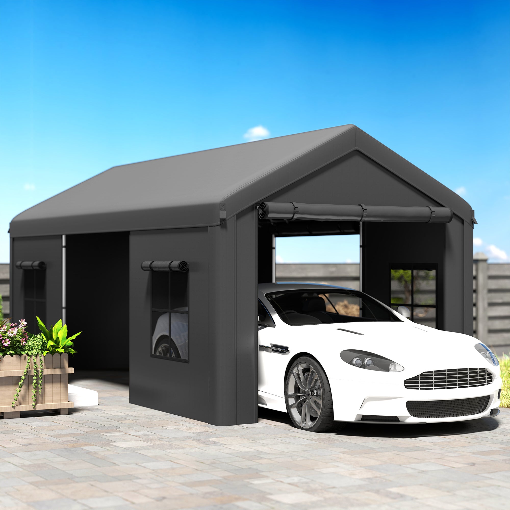 Outsunny 3 x 6 m Heavy Duty Carport, Portable Garage Car Canopy Tent with Galvanised Frame, Doors, Windows, Dark Grey 