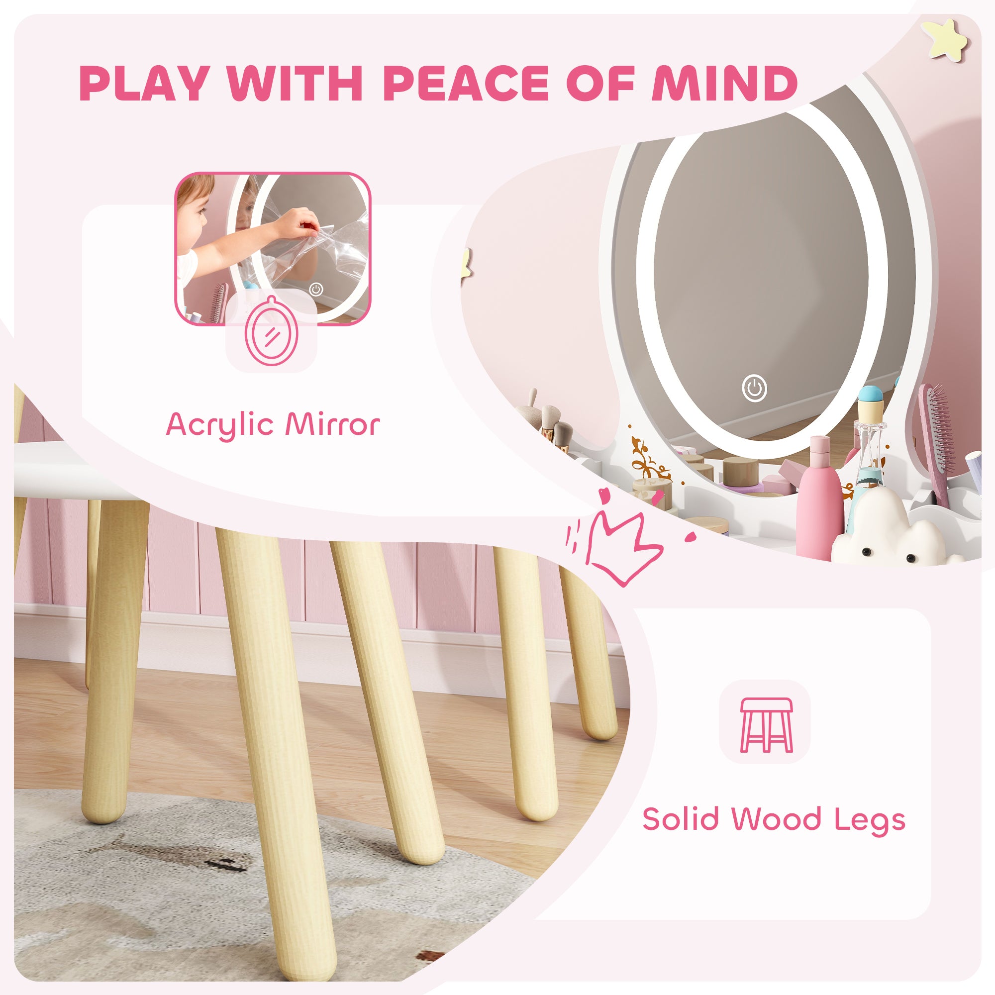 AIYAPLAY Kids Vanity Table and Chair Set with 3-Colour LED Lights Mirror, Drawer, Storage Boxes, for 3+ Years, White 