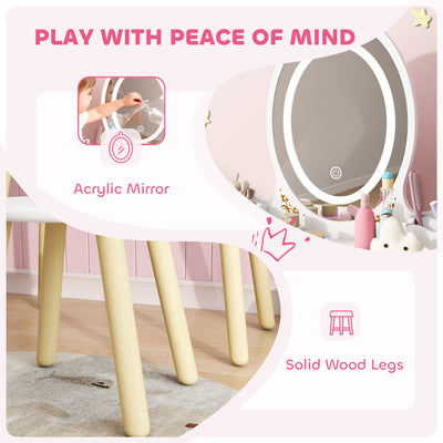 AIYAPLAY Kids Vanity Table and Chair Set with 3-Colour LED Lights Mirror, Drawer, Storage Boxes, for 3+ Years, White 