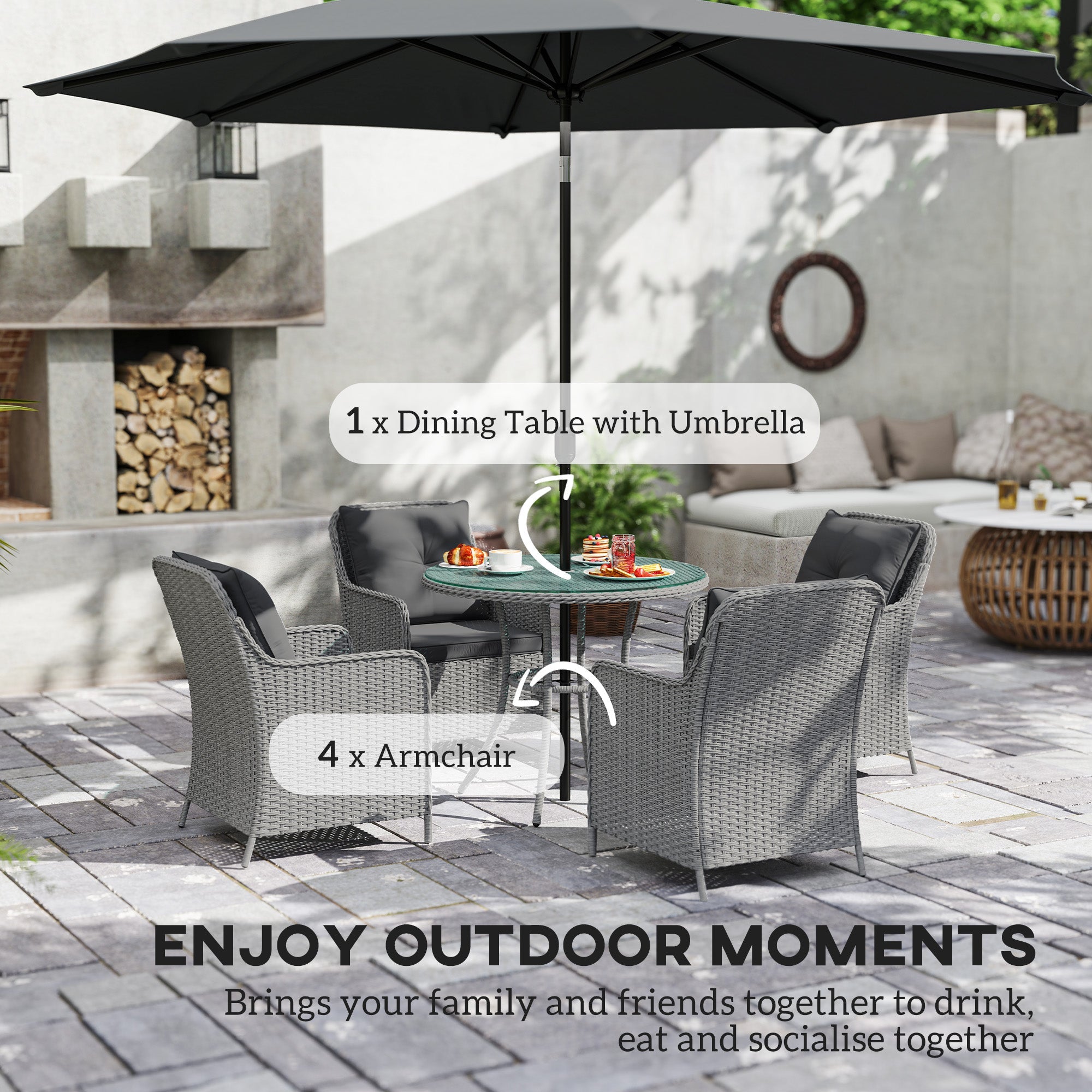 Outsunny 4 Seater Rattan Dining Set with Parasol & Cushions - Light Grey 