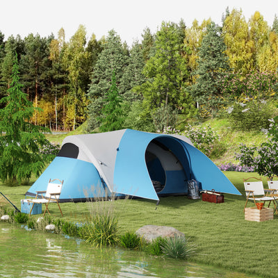 Outsunny 3000mm Waterproof Camping Tent for 5-6 Man, Family Tent with Porch and Sewn in Groundsheet, Portable with Bag, Blue 