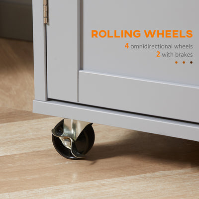 HOMCOM Rolling Kitchen Island on Wheels, Utility Serving Cart with Rubber Wood Top, Towel Rack, Hooks and Storage Drawers, Grey 