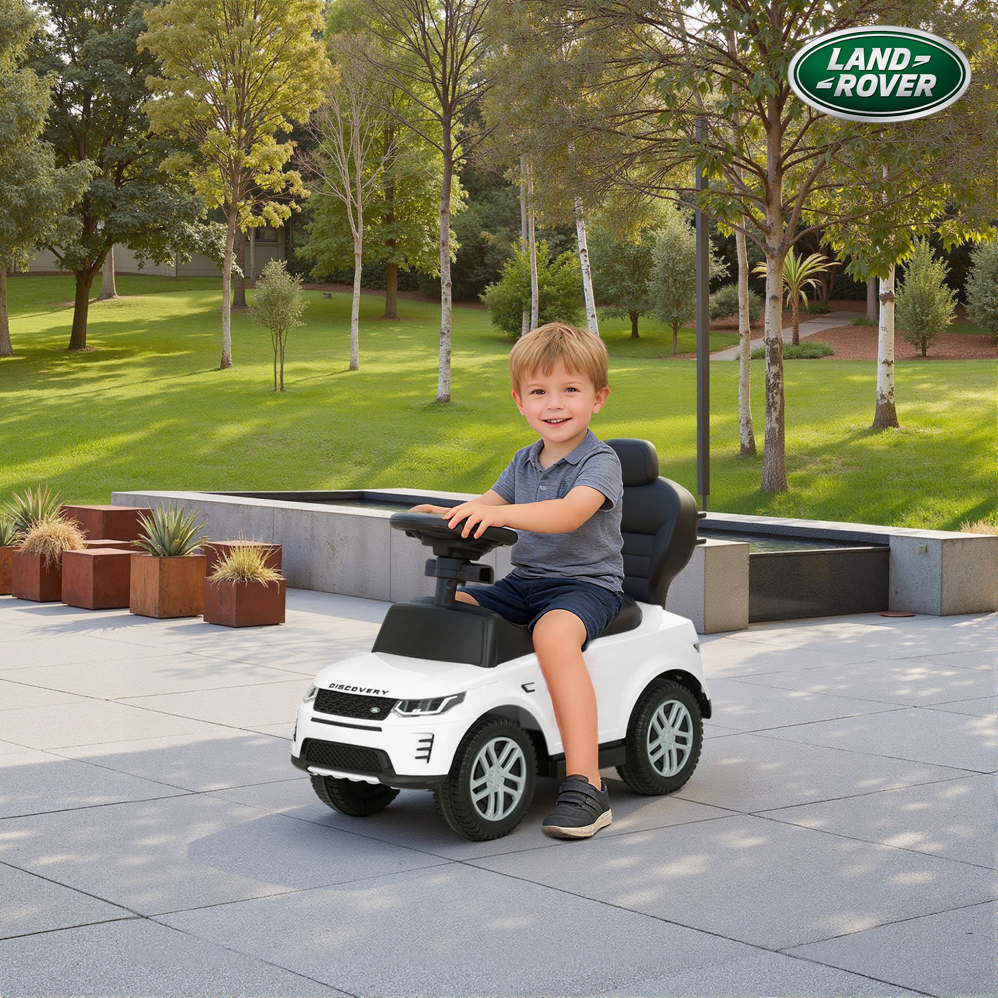 AIYAPLAY Land Rover Discovery Licensed Baby Push Car, 2-in-1 Ride on Car with Push Handle and Safety Guardrail, White 