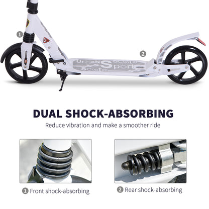HOMCOM Folding Kick Scooter, Adjustable Ride On Scooter with 200mm Big Wheels and Double Shock Absorption, Urban Scooter for 14+ Teens Adult- White 