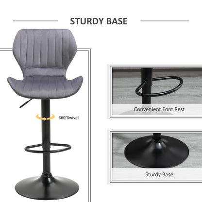 HOMCOM Bar Stool Set of 2 Velvet-Touch Fabric Adjustable Height Swivel Counter Chairs with Footrest, Grey 
