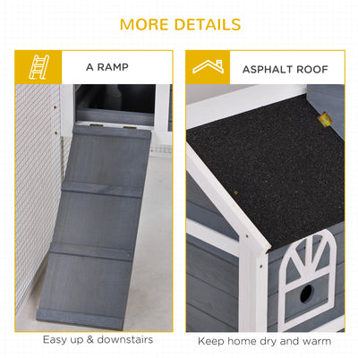 PawHut Wooden Rabbit Hutch and Run with Sliding Tray, Ramp, Water-resistant Roof, for 2-4 Rabbits, Grey 