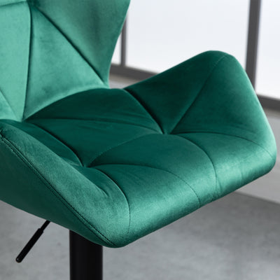 HOMCOM Bar Stools Set Of 2, Luxurious Velvet-Touch Barstools with Metal Frame Footrest Round Base Triangle Indenting Moulded Seat Adjustable Height Swivel Green 