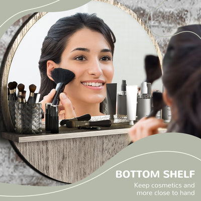 kleankin 45cm Round Home Mirror, with Shelf - Grey Wood-Effect 