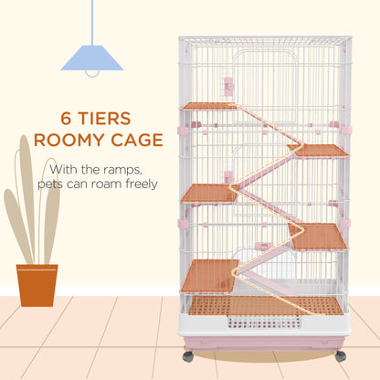 PawHut Six-Tier Small Animal Cage, for Bunnies, Ferrets, Chinchillas w/ Wheels, Tray - Pink