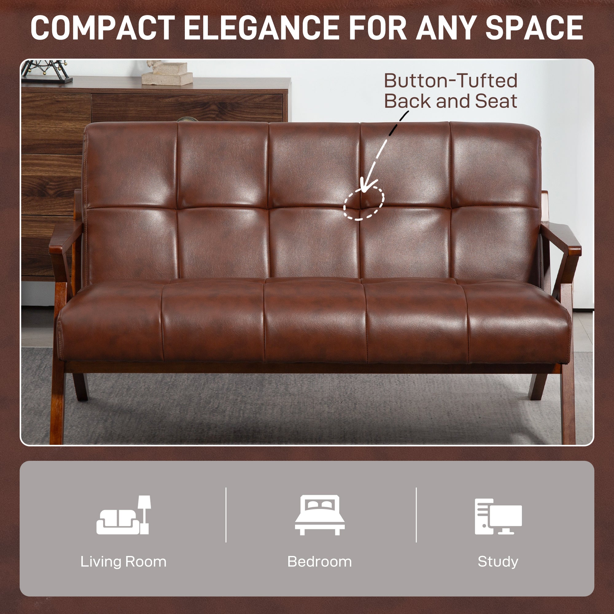 HOMCOM Compact 2 Seater Sofa, Vintage Tufted Loveseat Sofa with Solid Wood Legs, PU Leather Small Couch Settee for Living Room, Bedroom, Home Office, 133 x 81 x 78.5 cm, Brown