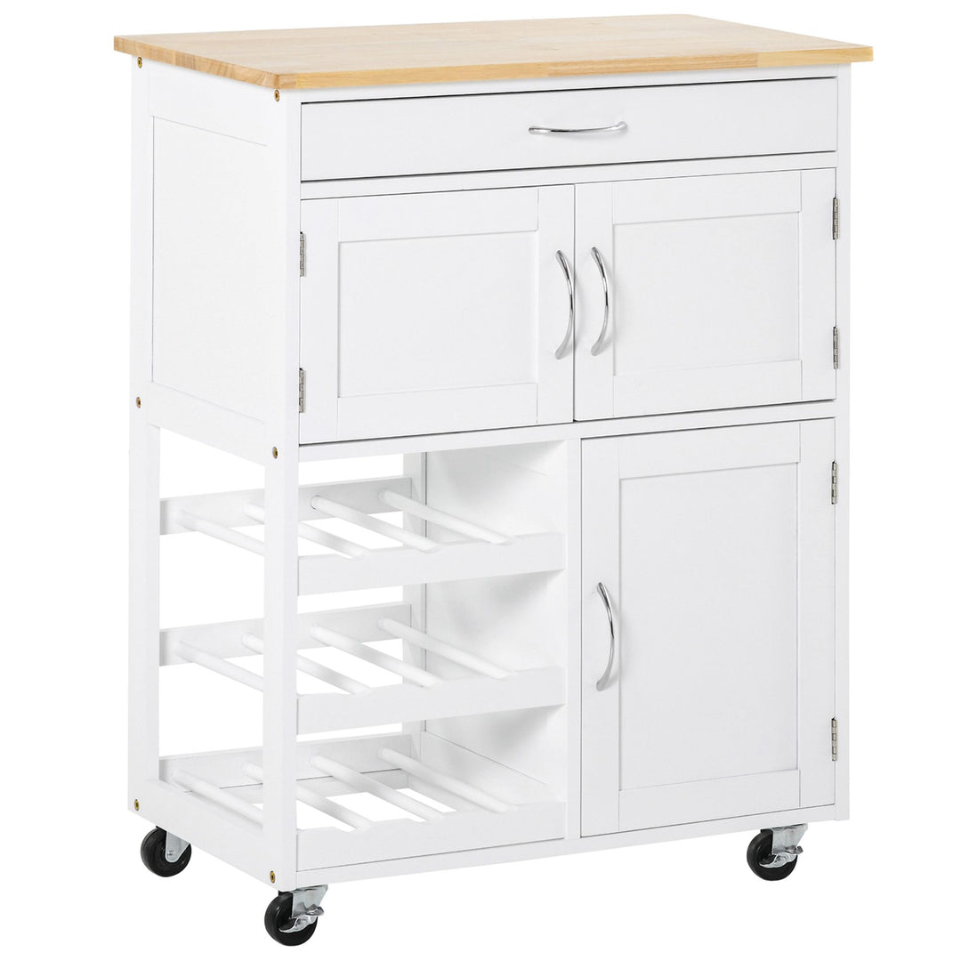 HOMCOM Modern Kitchen Trolley, Rolling Island Storage Cart with Drawer, 9-bottle Wine Rack, Door Cabinets, Wooden Countertop, White 