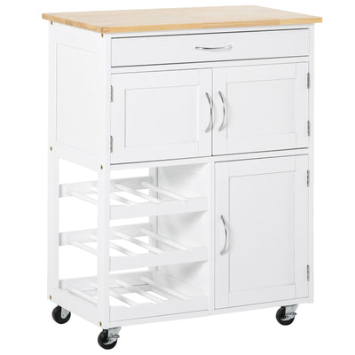 HOMCOM Modern Kitchen Trolley, Rolling Island Storage Cart with Drawer, 9-bottle Wine Rack, Door Cabinets, Wooden Countertop, White 