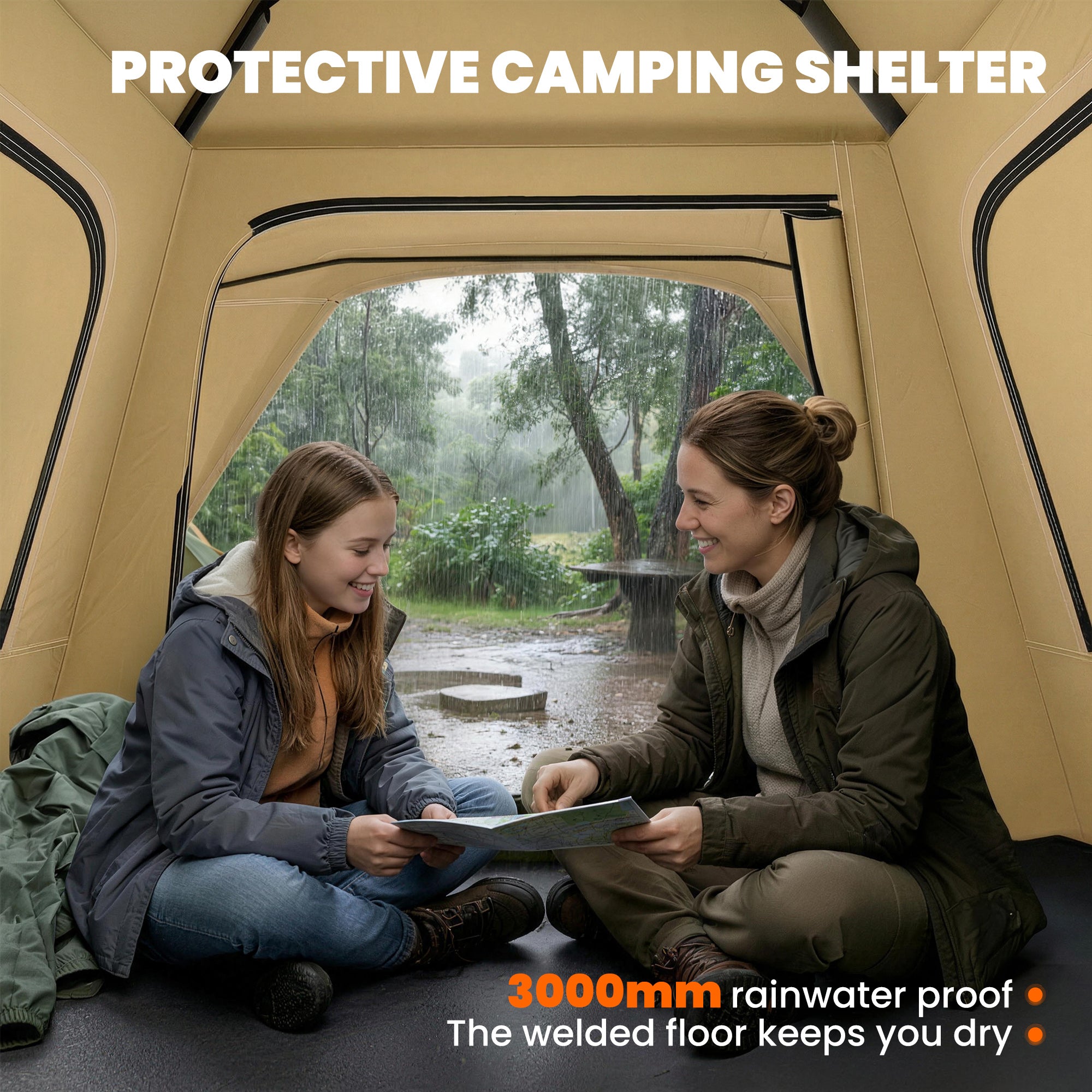 Outsunny Pop Up Tent 3000mm Waterproof Camping Tents with Mesh Windows 2-3 People Khaki 