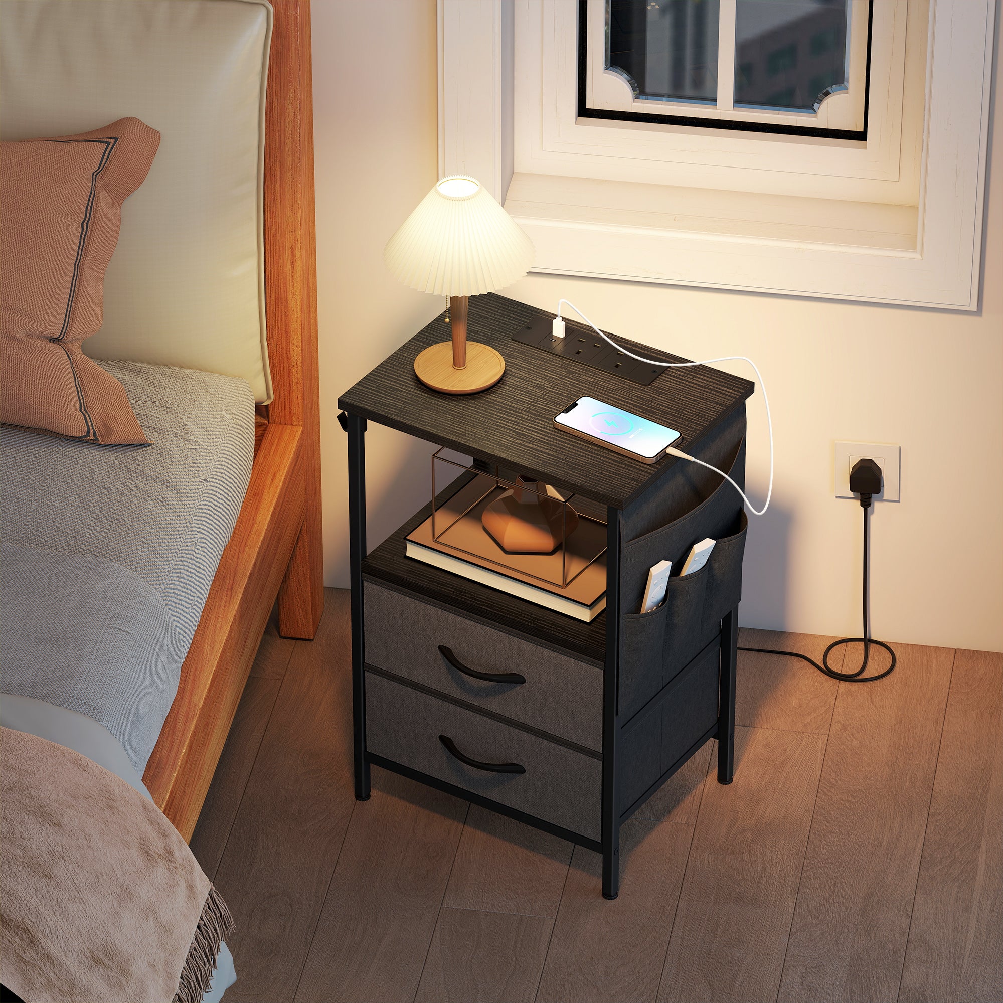 HOMCOM Bedside Table with Charging Station - Black 