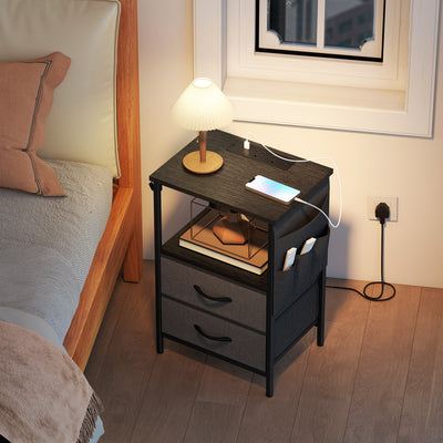 HOMCOM Bedside Table with Charging Station - Black 