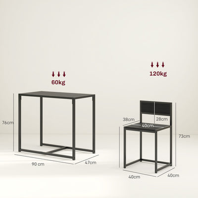 HOMCOM Dining Table and Chairs Set 2, Dining Room Sets, Rectangular Space Saving Table and 2 Chairs for Compact Kitchens, Steel Frame, Black 