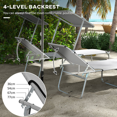 Outsunny Outdoor Foldable Sun Lounger Set of 2, 4 Level Adjustable Backrest Reclining Sun Lounger Chair with Angle Adjust Sun Shade Awning for Beach, Garden, Patio, Light Grey 
