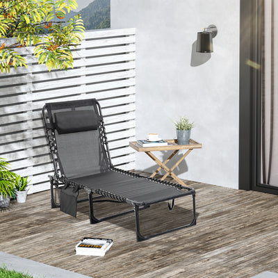 Outsunny Portable Sun Lounger, Folding Camping Bed Cot, Reclining Lounge Chair 5-position Adjustable Backrest with Side Pocket, Pillow for Patio Garden Beach Pool, Black 