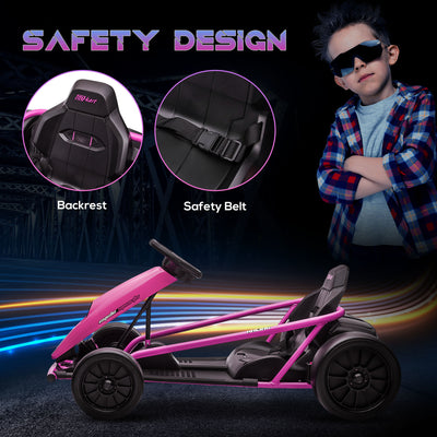 HOMCOM 24V Electric Go Kart for Kids, Drift Ride-On Racing Go Kart with 2 Speeds, for Boys Girls Aged 8-12 Years Old, Pink 