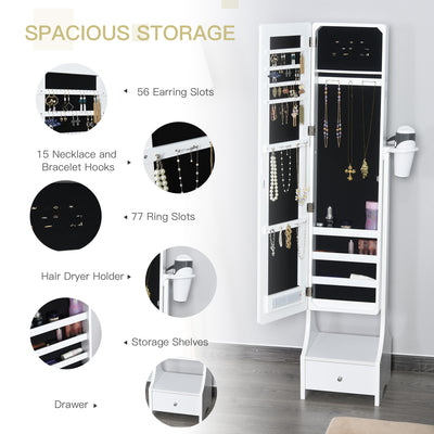 HOMCOM Jewellery Cabinet, Full Length Mirror with Storage, Free Standing Mirror with LED Lights, Hooks, Drawer and Hairdryer Holder for Bedroom, White 