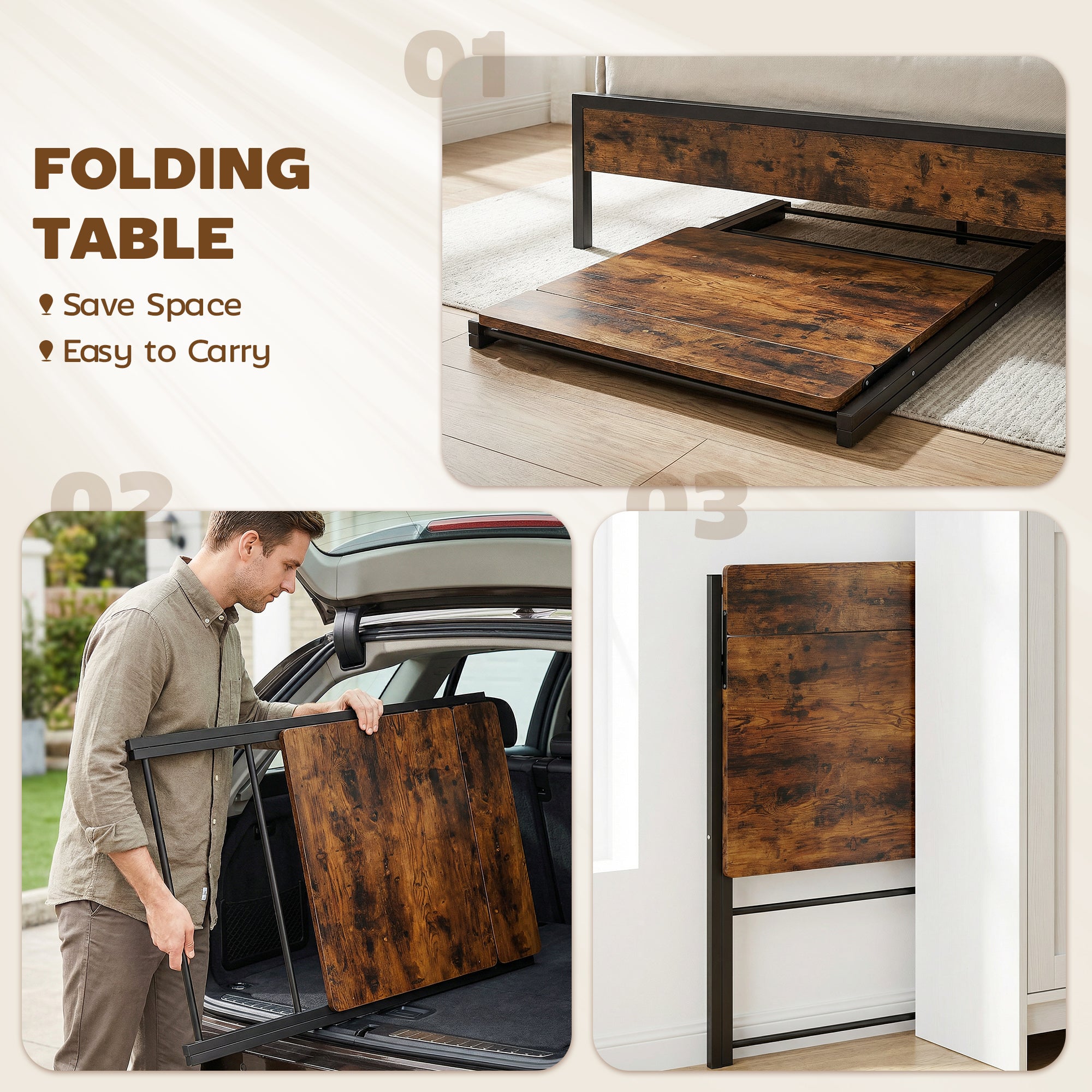 HOMCOM Compact Folding Desk for Small Spaces with Storage Shelf for Home Office, Rustic Brown 