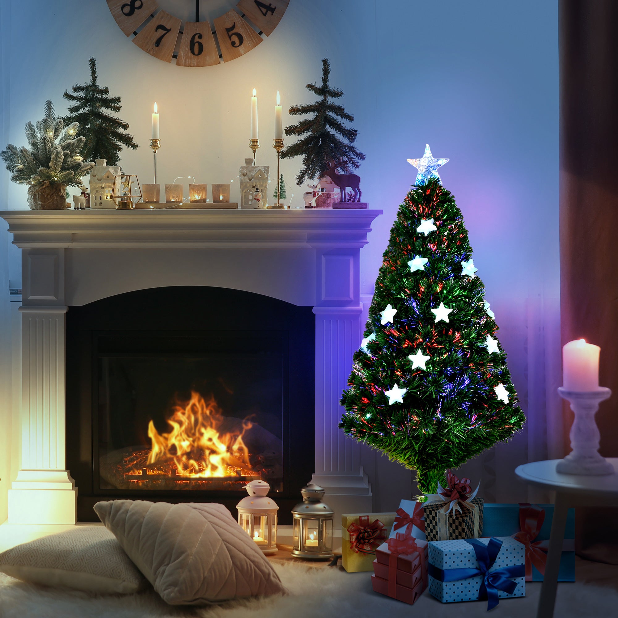 HOMCOM 4FT Prelit Artificial Christmas Tree Fibre Optic Star LED Light Holiday Home Xmas Decoration with LED Light for Indoor Party, Green 