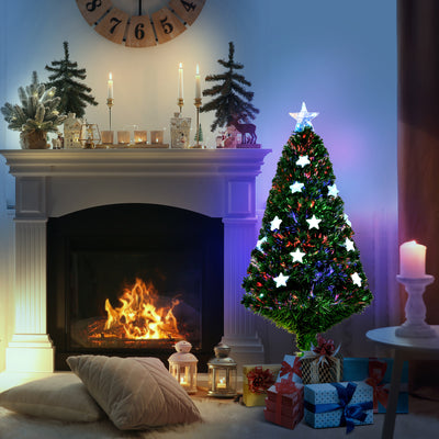 HOMCOM 4FT Prelit Artificial Christmas Tree Fibre Optic Star LED Light Holiday Home Xmas Decoration with LED Light for Indoor Party, Green 