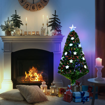HOMCOM 4FT Prelit Artificial Christmas Tree Fibre Optic Star LED Light Holiday Home Xmas Decoration with LED Light for Indoor Party, Green 