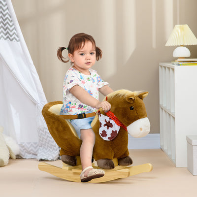 HOMCOM Kids Rocking Horse, with Safety Harness, Sounds, Foot Pedals - Brown 