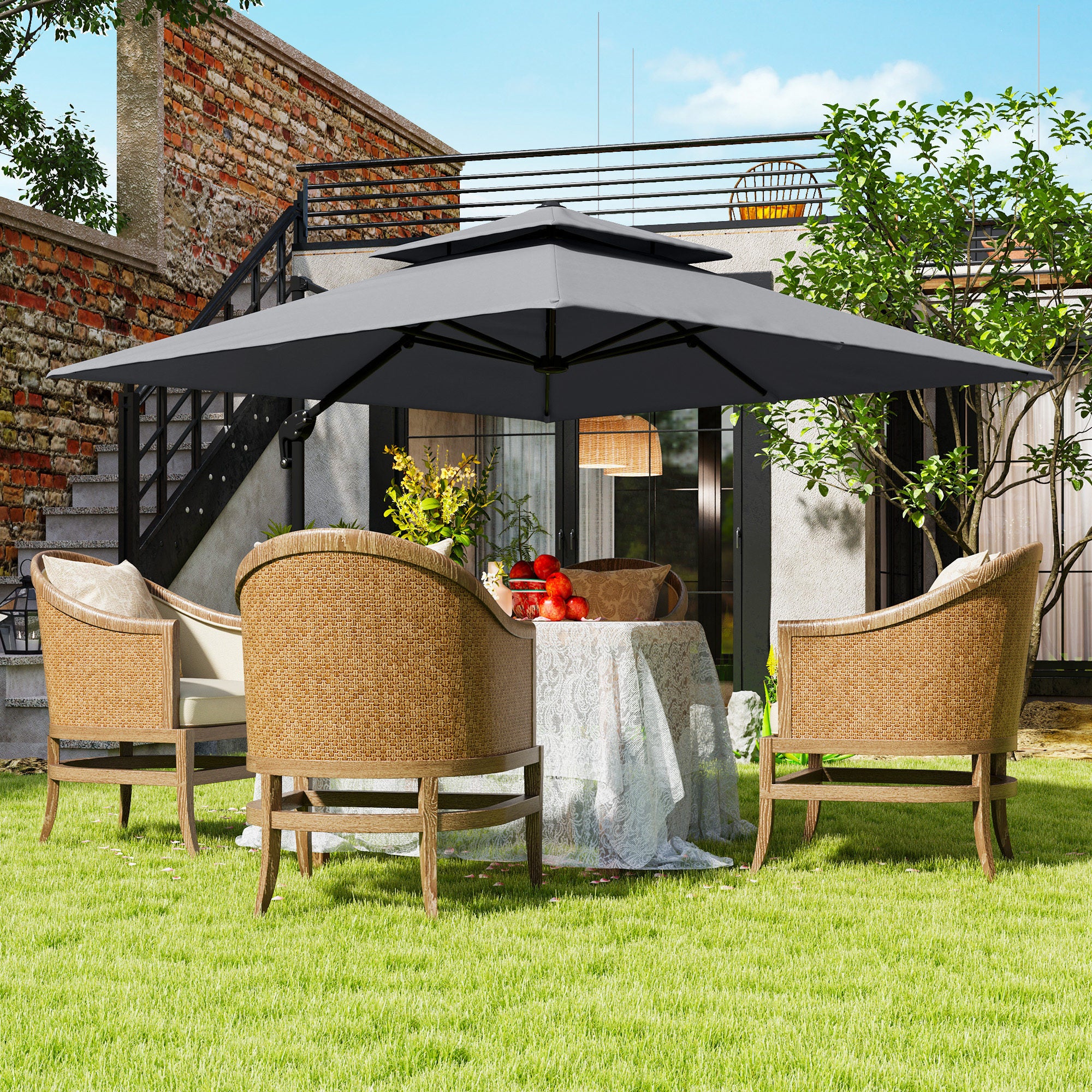 Outsunny 3 x 3(m) Cantilever Parasol with Aluminium Frame, Crank and Tilt, 360\'c2\'b0 Rotation, Double Top Garden Umbrella with Base and Cover, Light Grey