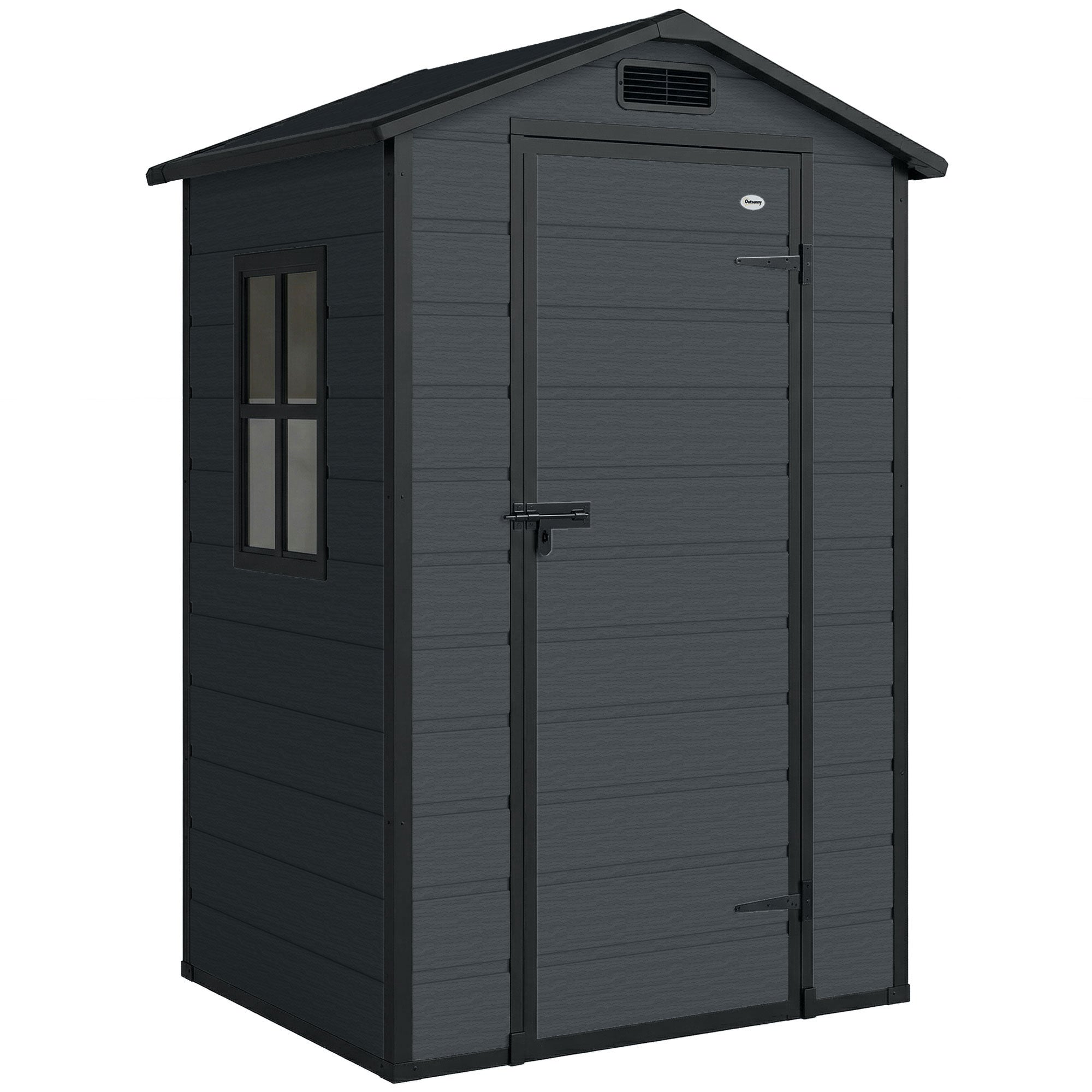 Outsunny 4 x 3 ft Plastic Garden Shed with Floor, Outdoor Storage Shed with Lockable Door, Window and Vent, Dark Grey 