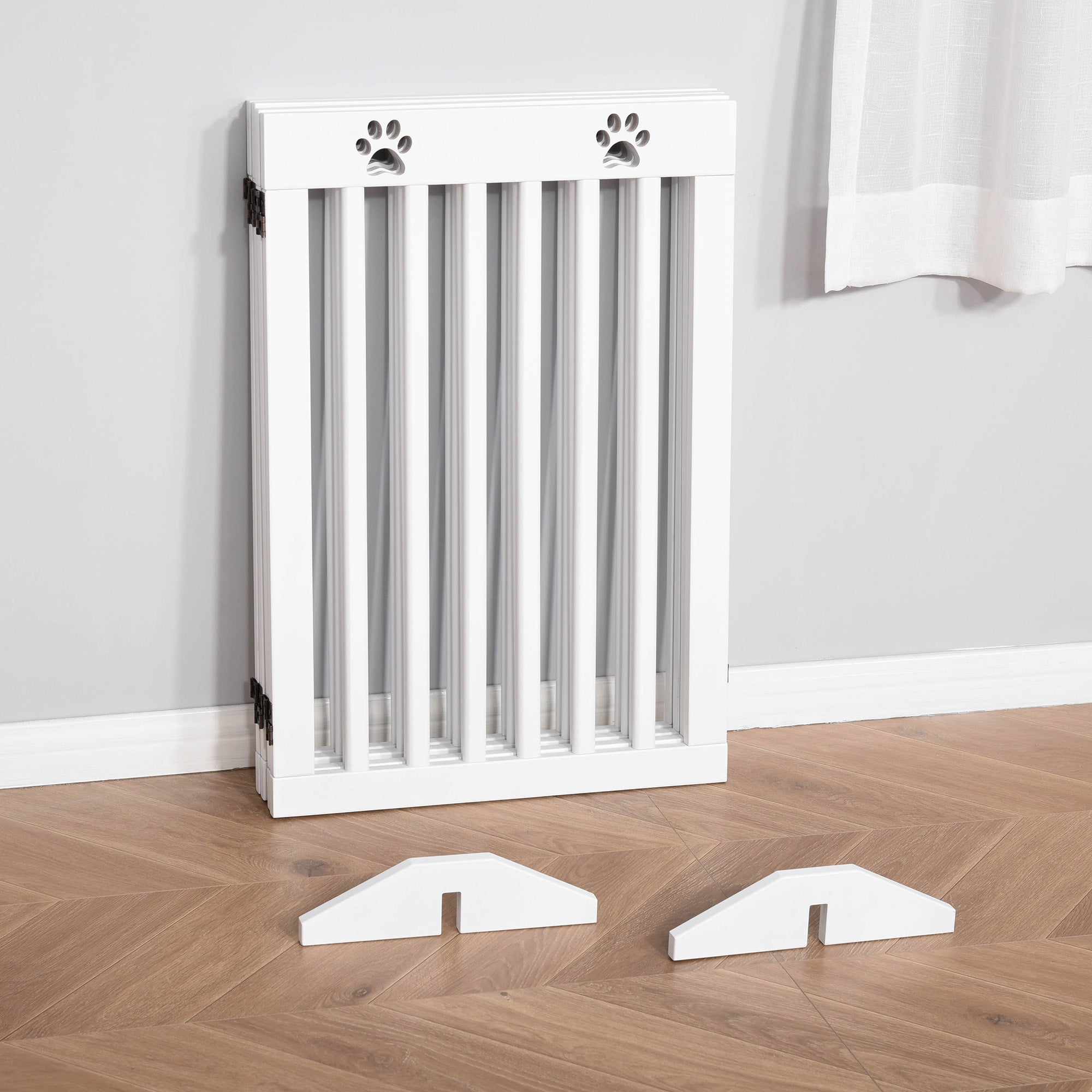 PawHut Wooden Pet Gate Foldable Freestanding Dog Safety Barrier w/ Support Feet 