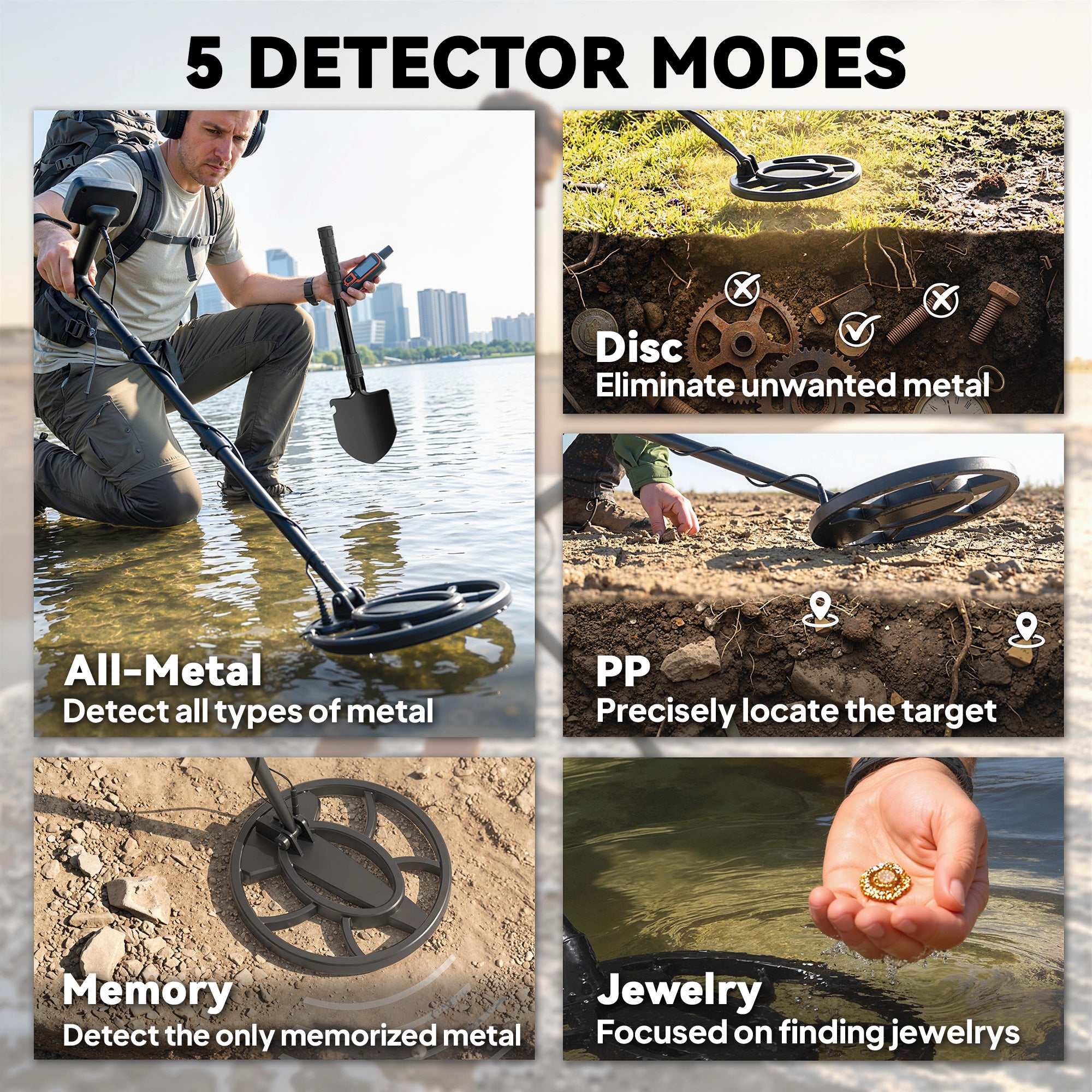 Outsunny Metal Detector for Adults, IP68 Waterproof Search Coil with LCD Display, 5 Modes Gold Detector with Carry Bag, Shovel 