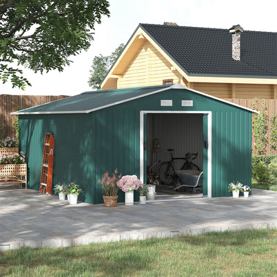 Outsunny 12.5 x 11.1ft Steel Sliding Door Storage Shed - Green 