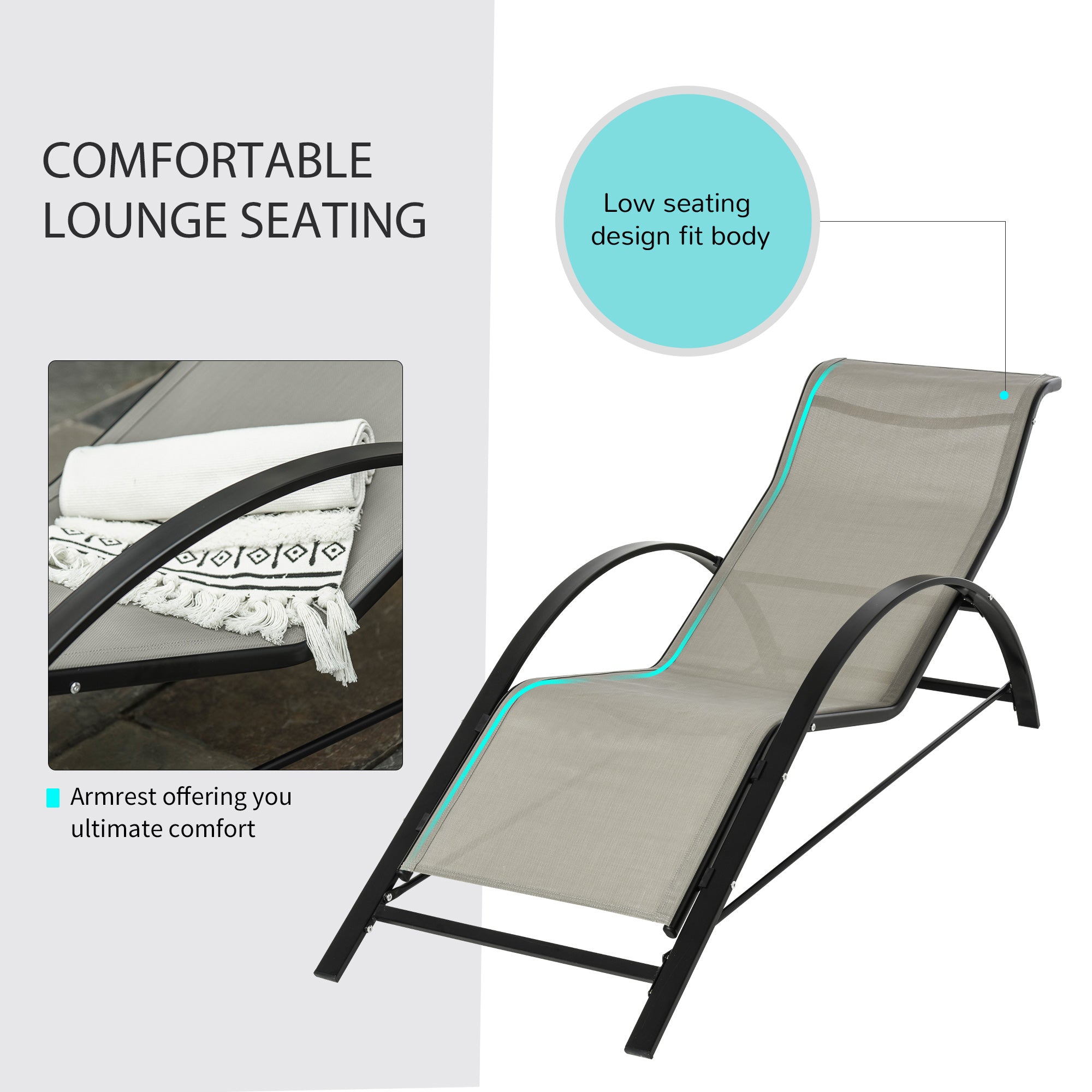 Outsunny 3 Pieces Sun Lounger Chair Set, Metal Frame Garden Outdoor Sunbathing Chair with Side Table and Armrest, Grey 
