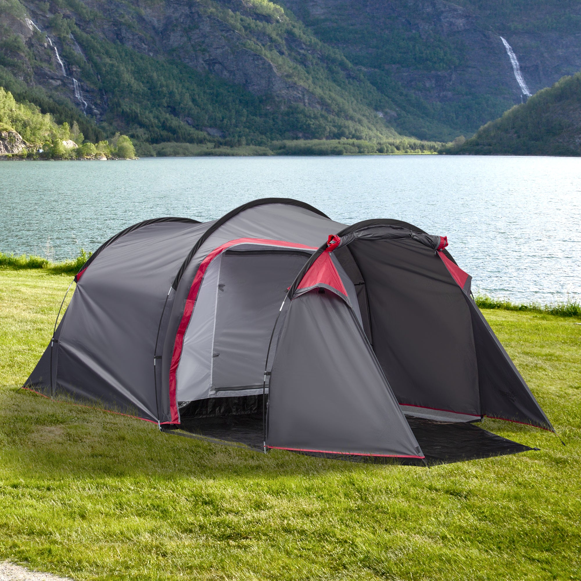 Outsunny 2-3 Person Tunnel Tent with Sewn-in Groundsheet, Air Vents, Rainfly, 2000mm Water Column, Camping Tent with 1 Bedroom, Inbuilt Porch, Living Area for Camping, Hiking, Grey 