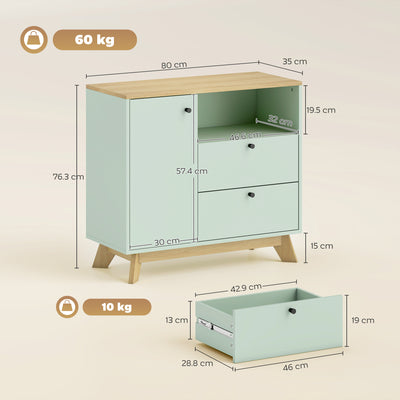 HOMCOM Sideboard Storage Cabinet, 80 cm Buffet Cabinet with 2 Drawers, Open Compartment, Adjustable Shelf, Light Green and Oak 