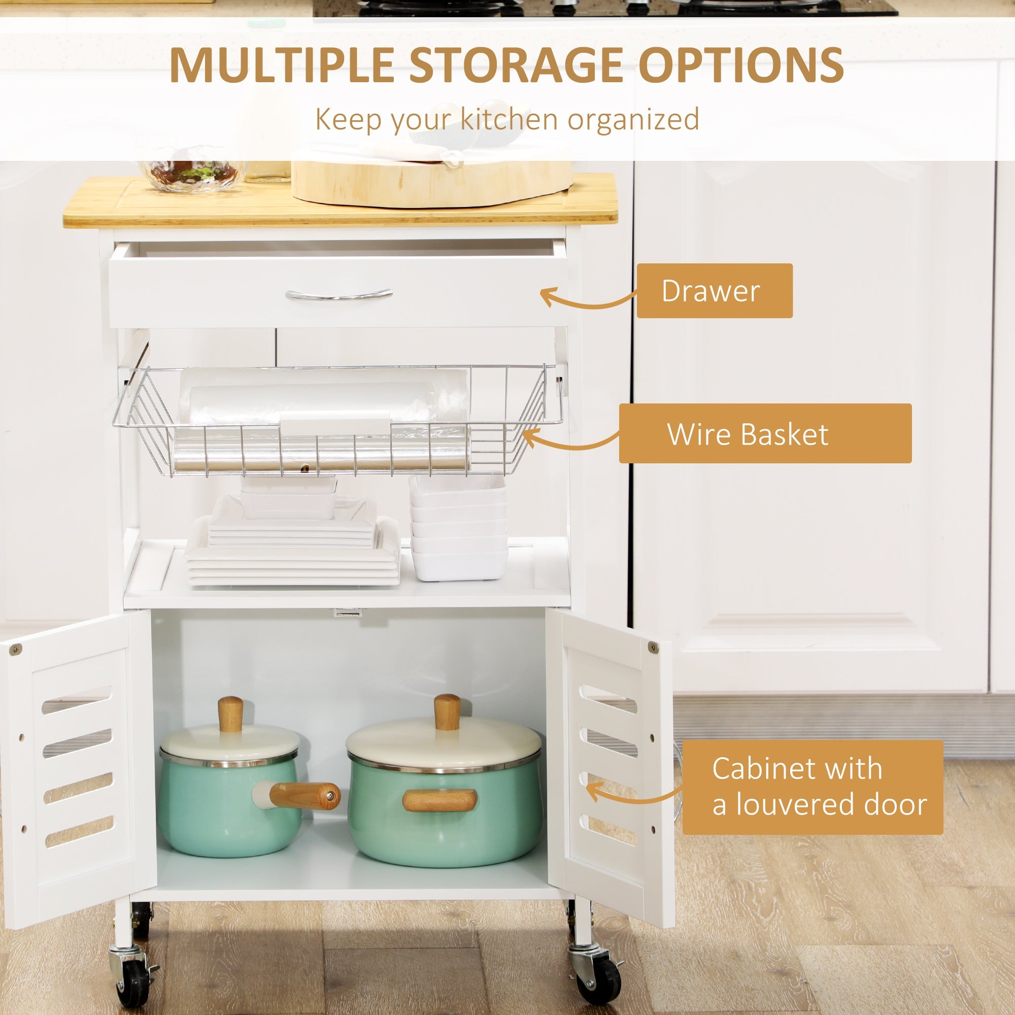HOMCOM Rolling Kitchen Island Trolley Utility Cart on Wheels with Bamboo Table Top, Storage Cabinet, Drawer and Wire Basket 