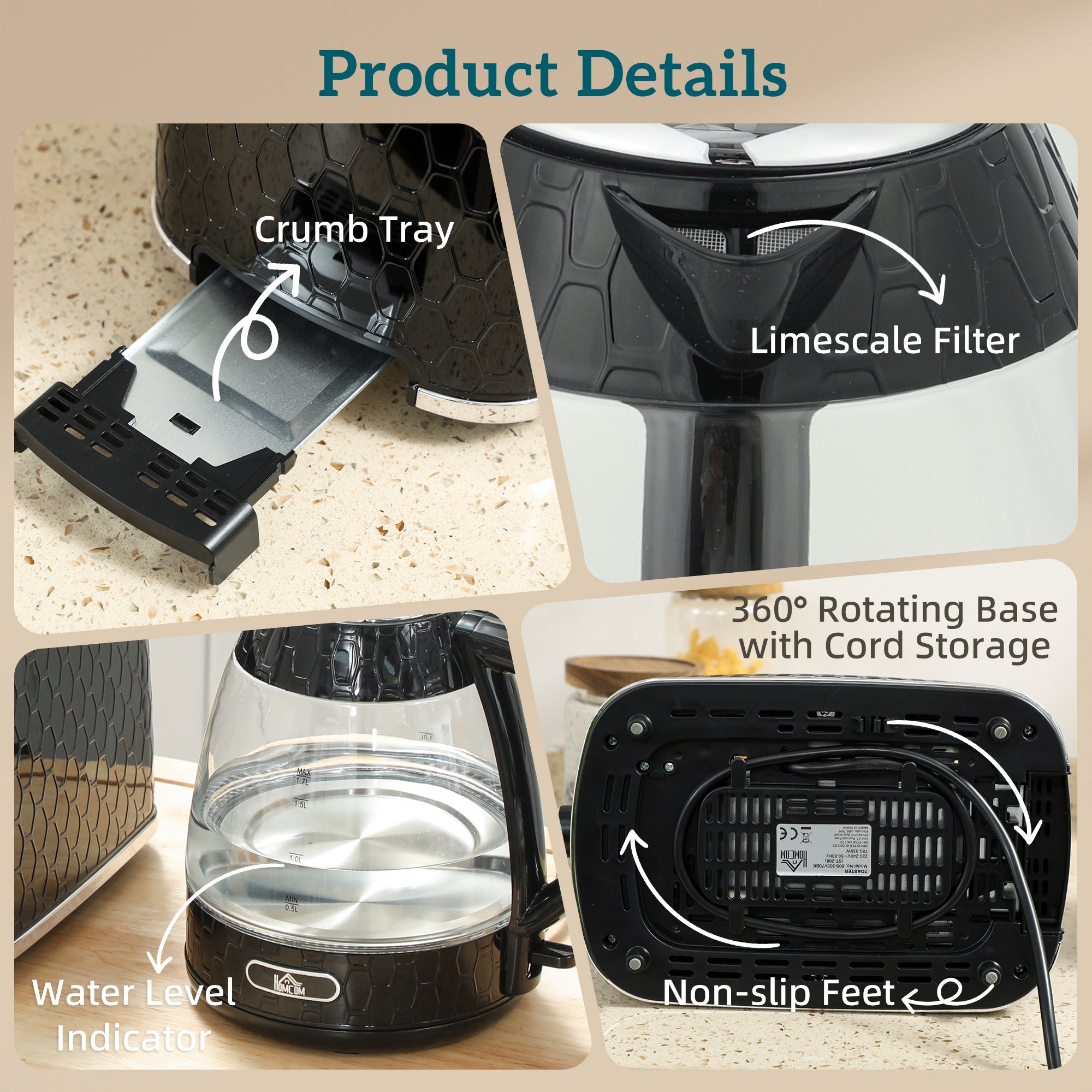 HOMCOM Kettle and Toaster Set, 1.7L 3000W Rapid Kettle with Limescale Filter, 2 Slice Toaster with 7 Browning Controls, Black 