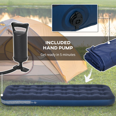 Outsunny Single Air Bed with Hand Pump, Inflatable Mattress with Flocked Surface for Guest, Camping, Travel, 191 x 73 x 22cm, Blue 