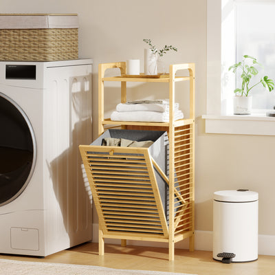 HOMCOM Bamboo Laundry Cabinet with Slatted Door, Bathroom Cabinet with Tilt-Out Hamper and Removable Liner Bag, 40 x 30D x 95 cm, Natural Wood Finish 