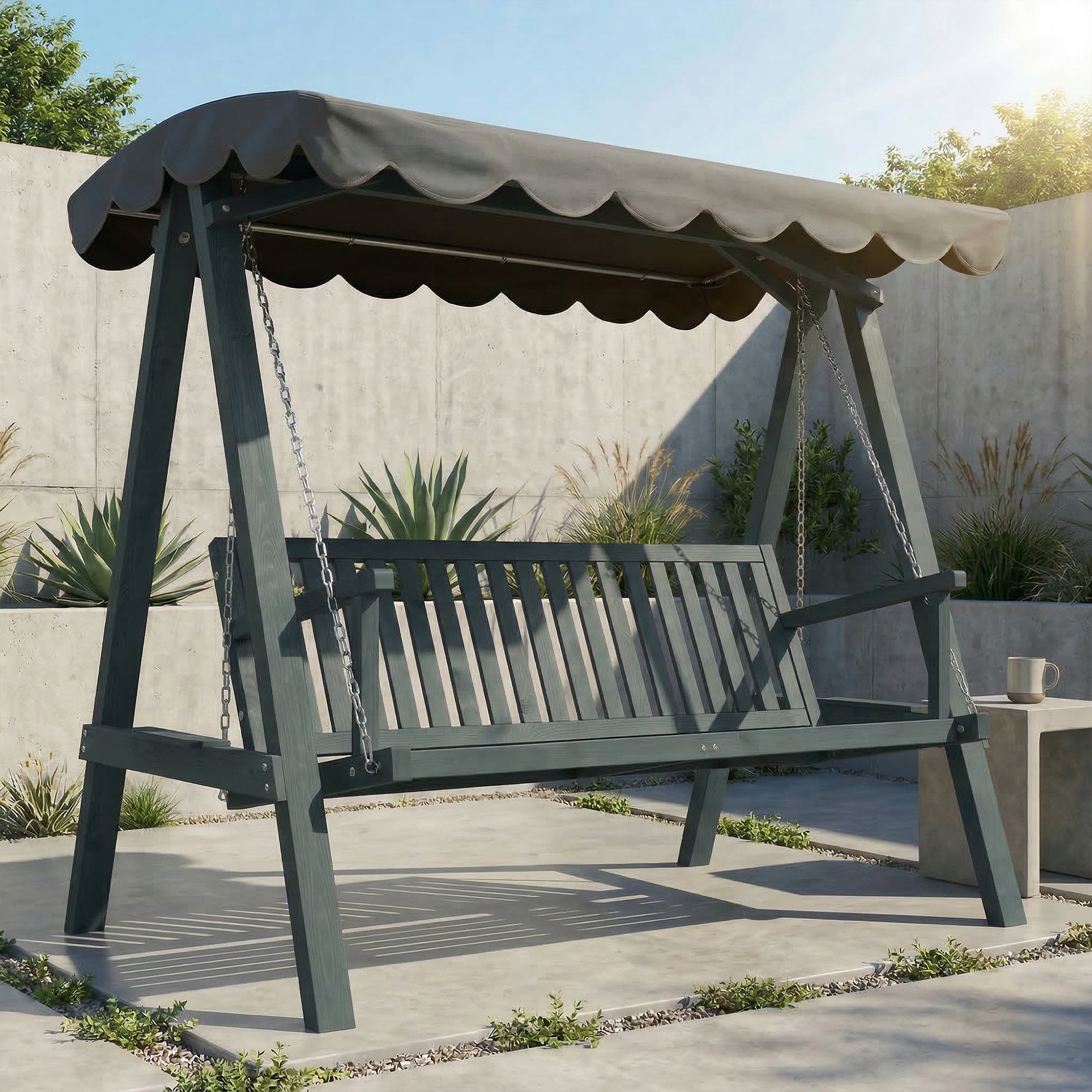 Outsunny 3 Seater Garden Swing Seat with Canopy, Wooden Swing Chair, Outdoor Hammock Bench for Balcony Patio Porch, Grey 