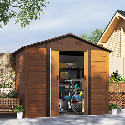 Outsunny 8 x 6ft Garden Storage Shed with Sliding Door - Brown Wood Effect 