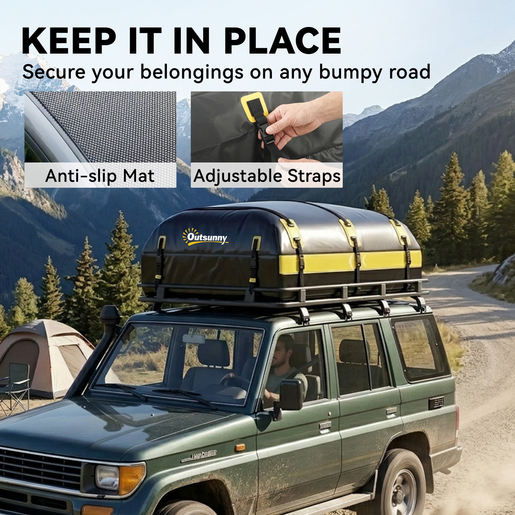 Outsunny Car Roof Bag, 21 Cubic Feet Waterproof Soft Car Roof Box Roofing Cargo Carrier w/ Reflective Arrows, Door Hooks, Yellow 