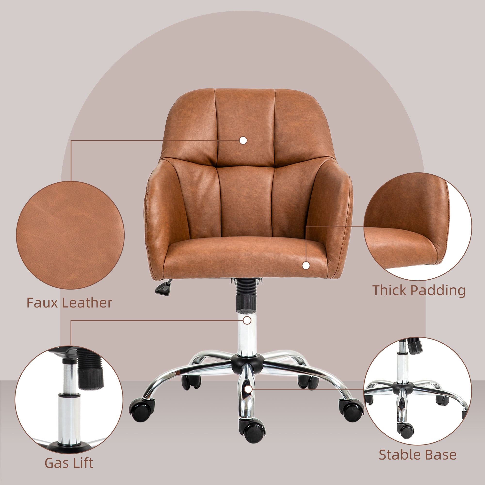 HOMCOM Faux Leather Tub Office Chair, with Wheels - Brown 