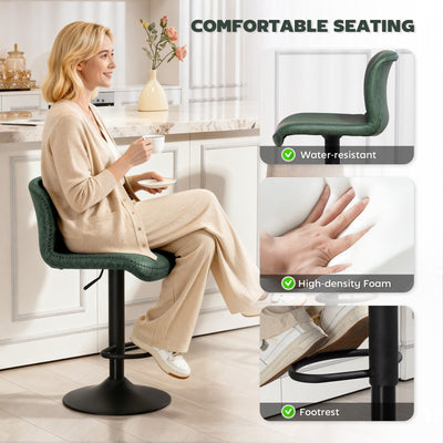 HOMCOM Bar Stools Set of 2, PU Leather Barstools with Backrest and Footrest for Kitchen, Counter, Breakfast Bar, Green 
