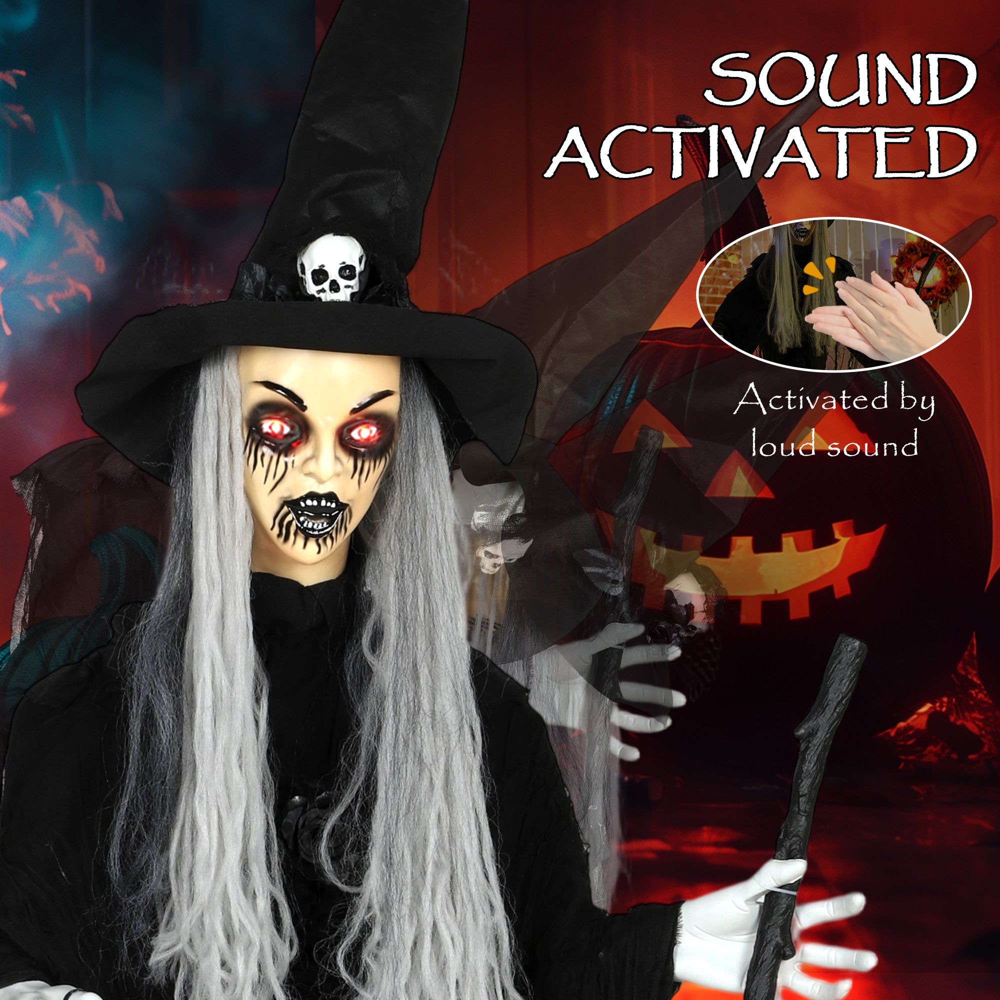 Outsunny 170 cm Life Size Halloween Animated Standing Witch & Staff with Glowing LED Eyes, Spooky Witch Scary Halloween Decorations, Battery Operated, Indoor Party Props