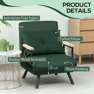 HOMCOM 4-in-1 Velvet-Feel Single Chair Bed, with Pillow - Green 