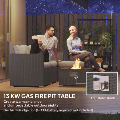 Outsunny Five Piece Rattan Garden Furniture Set with Gas Fire Pit Table and Footstool - Grey 