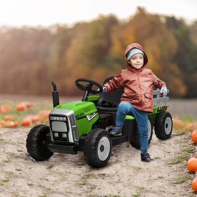 HOMCOM Ride On Tractor, Battery Powered Electric Car, with Detachable Trailer, Remote Control, Music - Green 